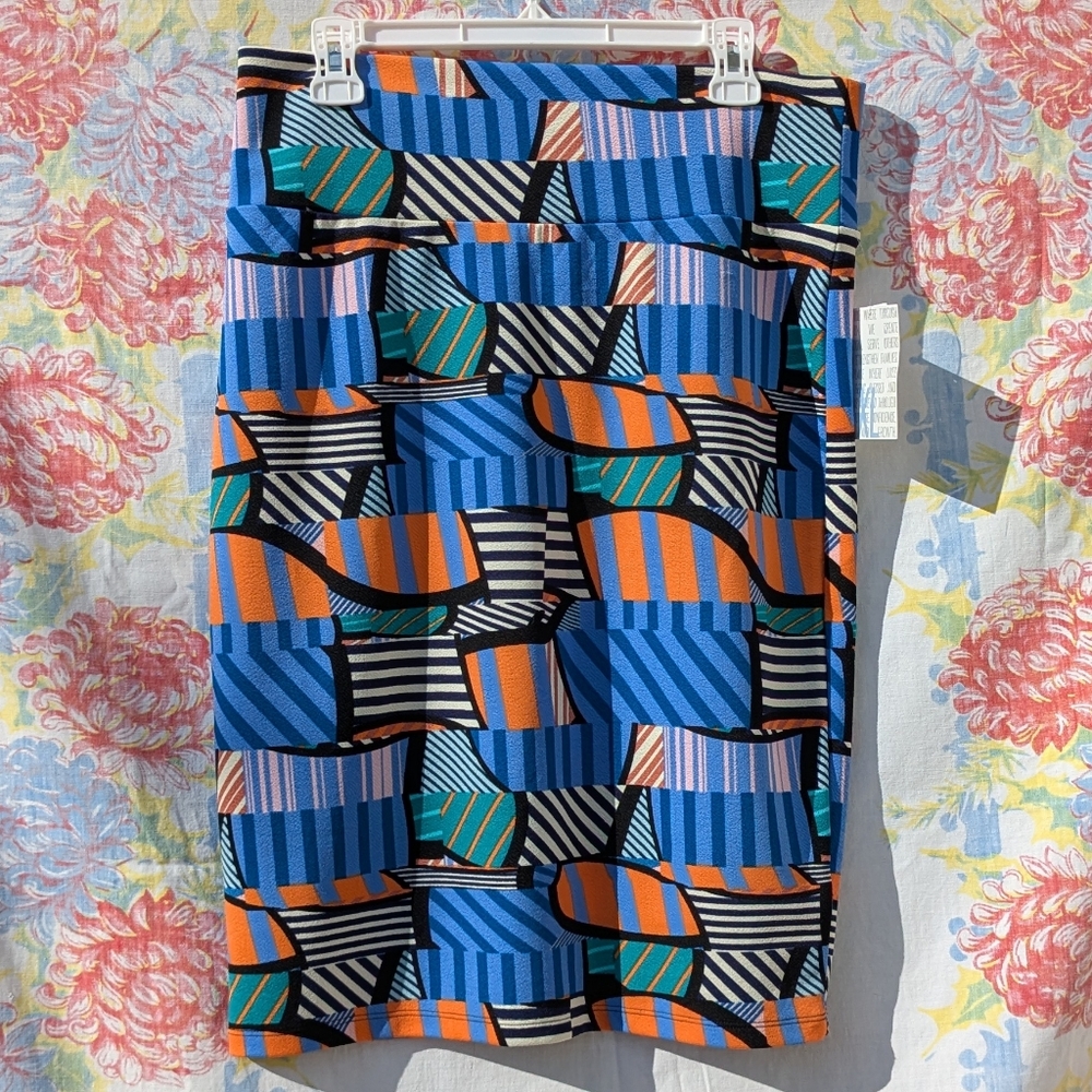 LuLaRoe XL Cassie Skirt Blue Orange Black Geometric